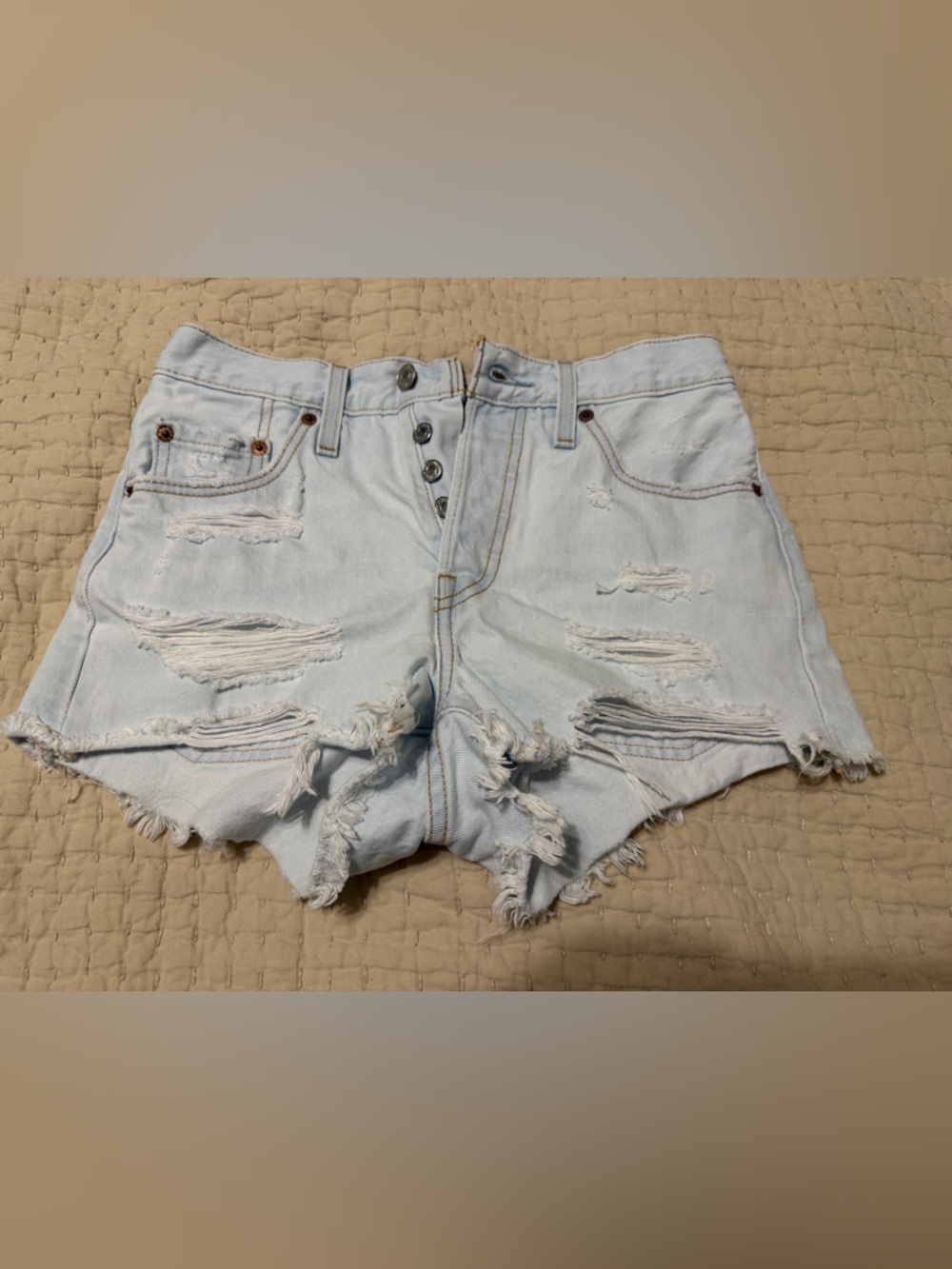 Levi's 501 Light Blue Distressed Denim Shorts, Size 25